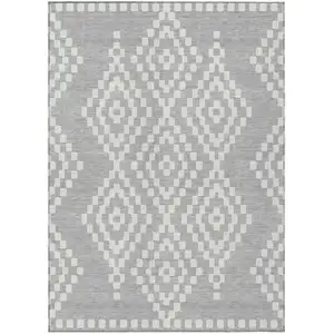 Photo of Silver And Ivory Geometric Washable Indoor Outdoor Area Rug