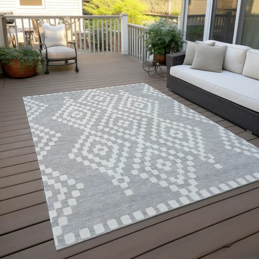 Silver And Ivory Geometric Washable Indoor Outdoor Area Rug Photo 8