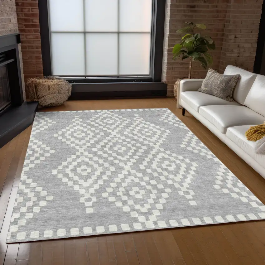 Silver And Ivory Geometric Washable Indoor Outdoor Area Rug Photo 9