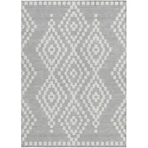 Photo of Silver And Ivory Geometric Washable Indoor Outdoor Area Rug