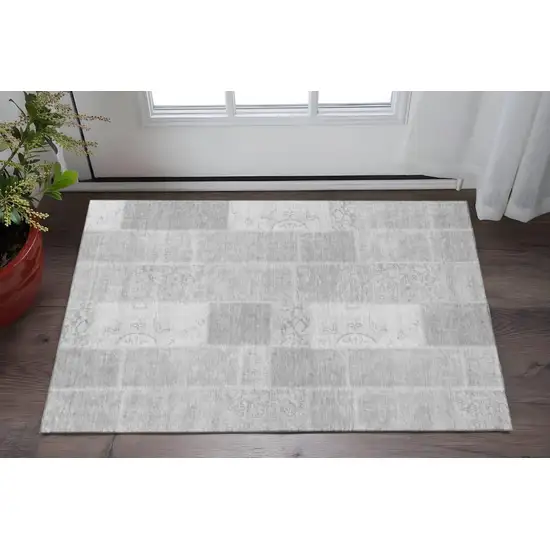Silver And Ivory Patchwork Washable Area Rug With UV Protection Photo 2