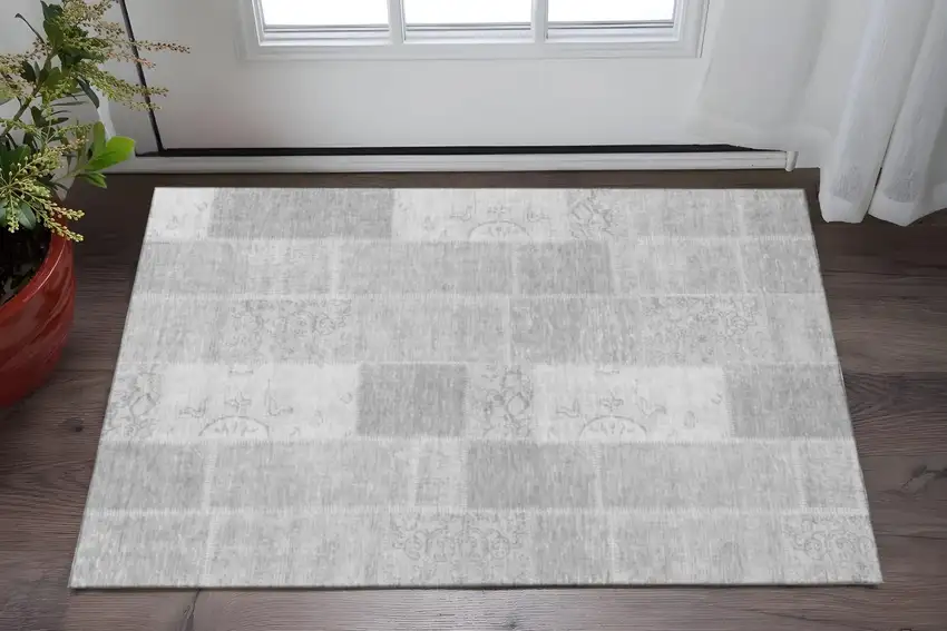 Silver And Ivory Patchwork Washable Area Rug With UV Protection Photo 2
