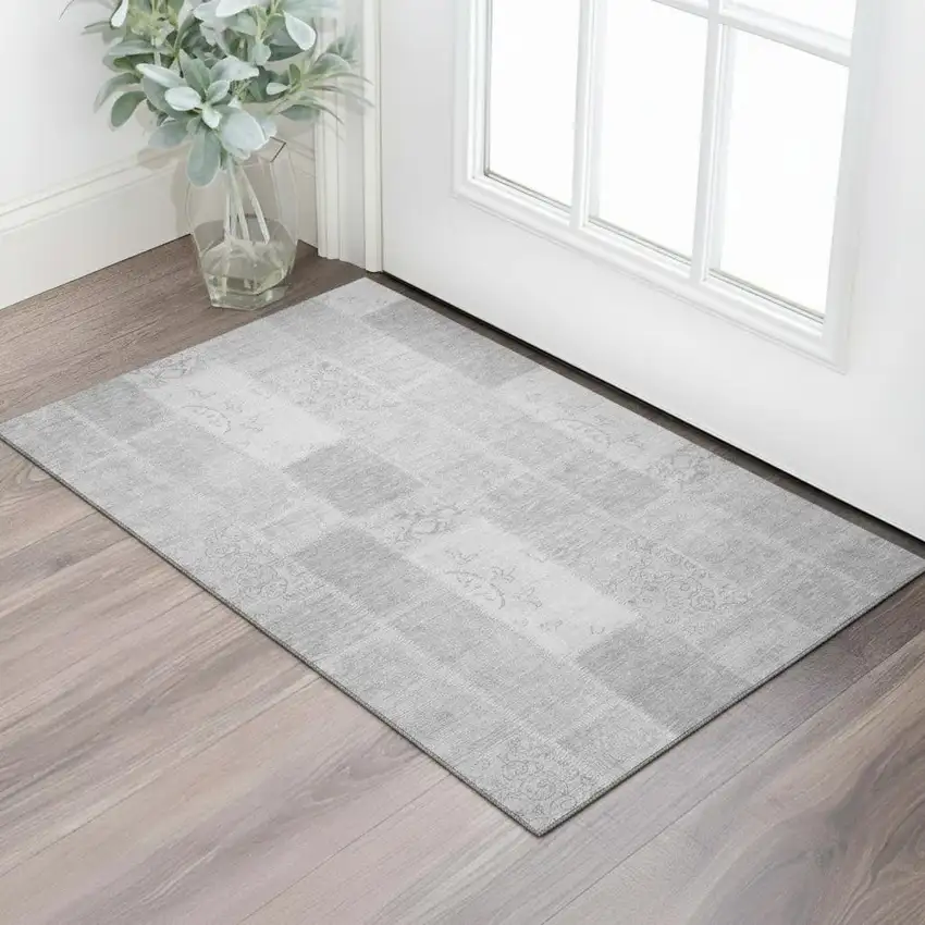Silver And Ivory Patchwork Washable Area Rug With UV Protection Photo 1