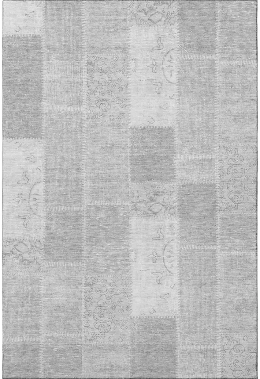 Silver And Ivory Patchwork Washable Area Rug With UV Protection Photo 3