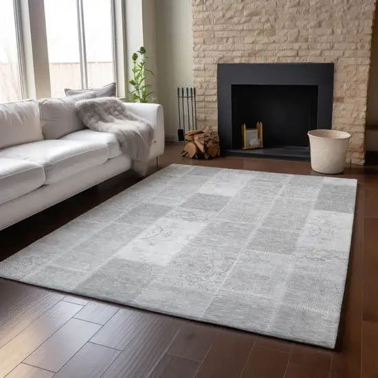 Silver And Ivory Patchwork Washable Area Rug With UV Protection Photo 5