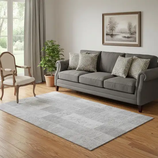 Silver And Ivory Patchwork Washable Area Rug With UV Protection Photo 1