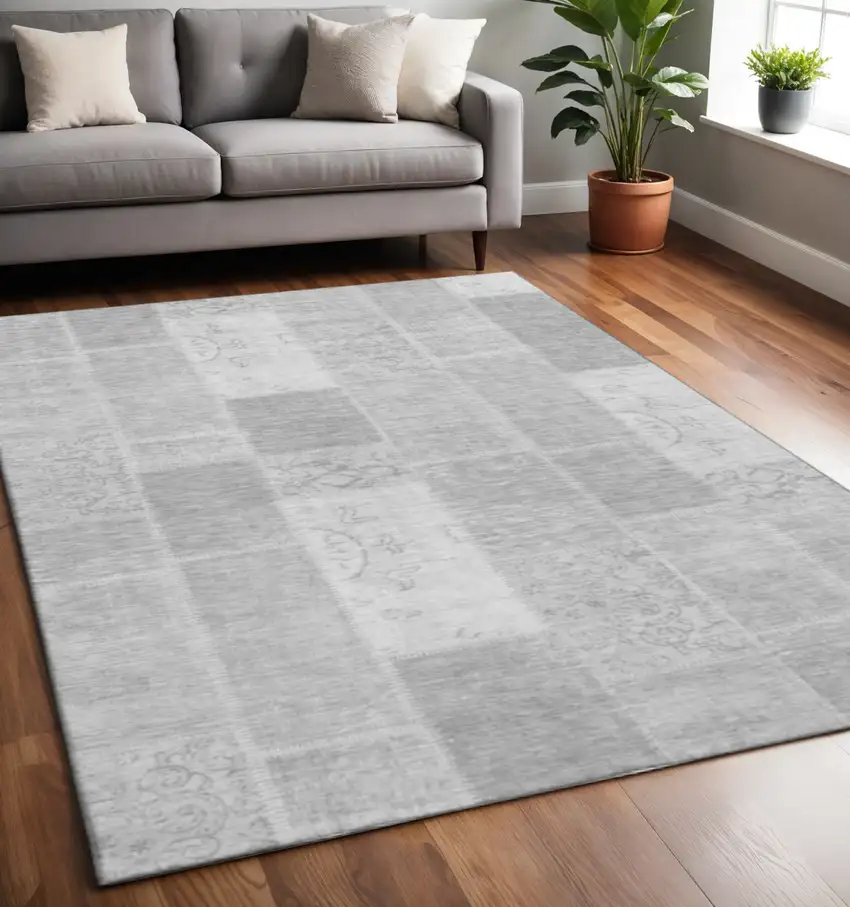 Silver And Ivory Patchwork Washable Area Rug With UV Protection Photo 2