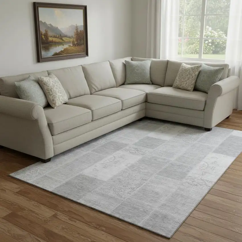 Silver And Ivory Patchwork Washable Area Rug With UV Protection Photo 1