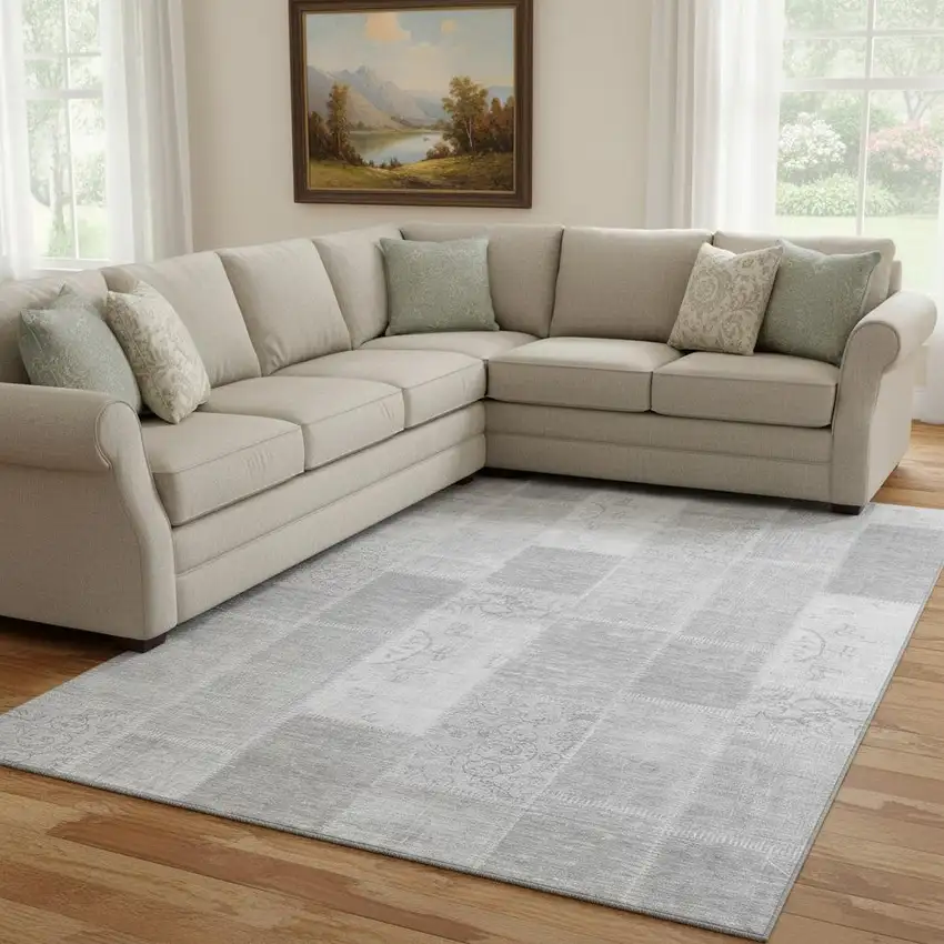 Silver And Ivory Patchwork Washable Area Rug With UV Protection Photo 1