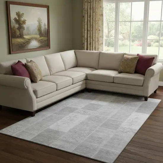 Silver And Ivory Patchwork Washable Area Rug With UV Protection Photo 1