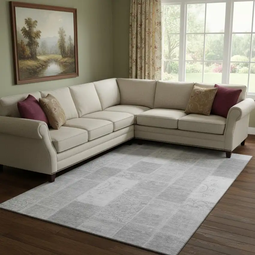 Silver And Ivory Patchwork Washable Area Rug With UV Protection Photo 1