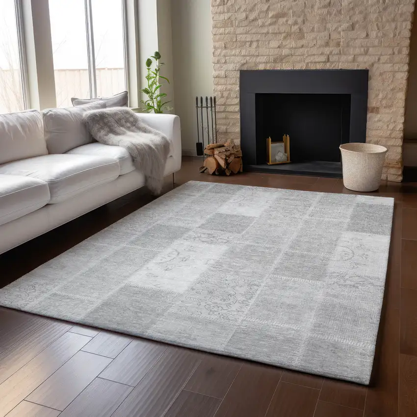 Silver And Ivory Patchwork Washable Area Rug With UV Protection Photo 6