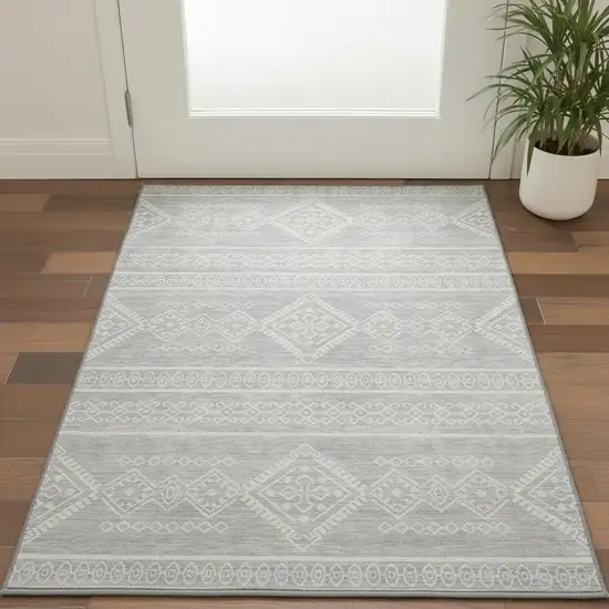 Silver And Ivory Southwestern Washable Area Rug With UV Protection Photo 2