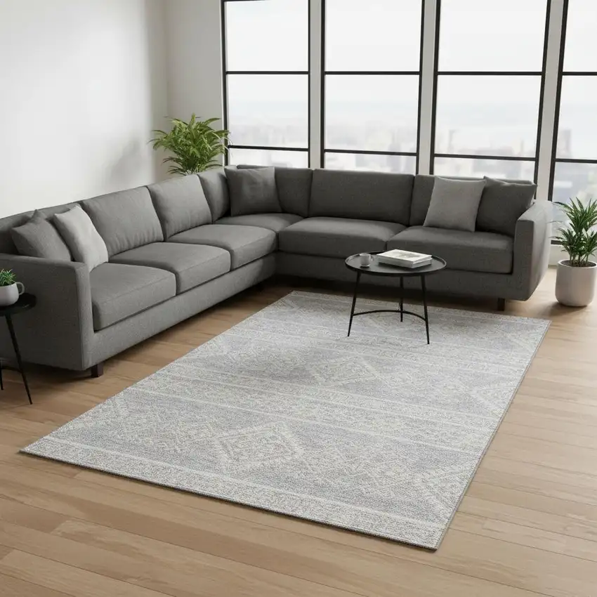 Silver And Ivory Southwestern Washable Area Rug With UV Protection Photo 2