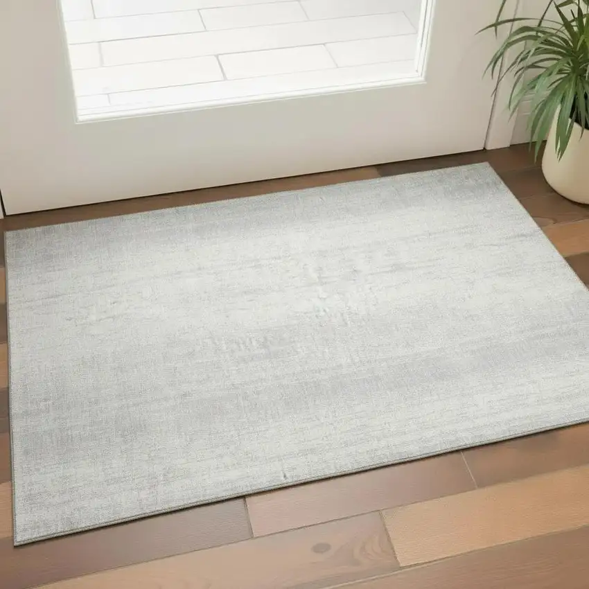 Silver And Ivory Striped Washable Area Rug With UV Protection Photo 1