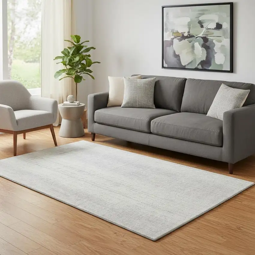 Silver And Ivory Striped Washable Area Rug With UV Protection Photo 1