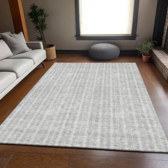 Silver And Ivory Striped Washable Area Rug With UV Protection Photo 5