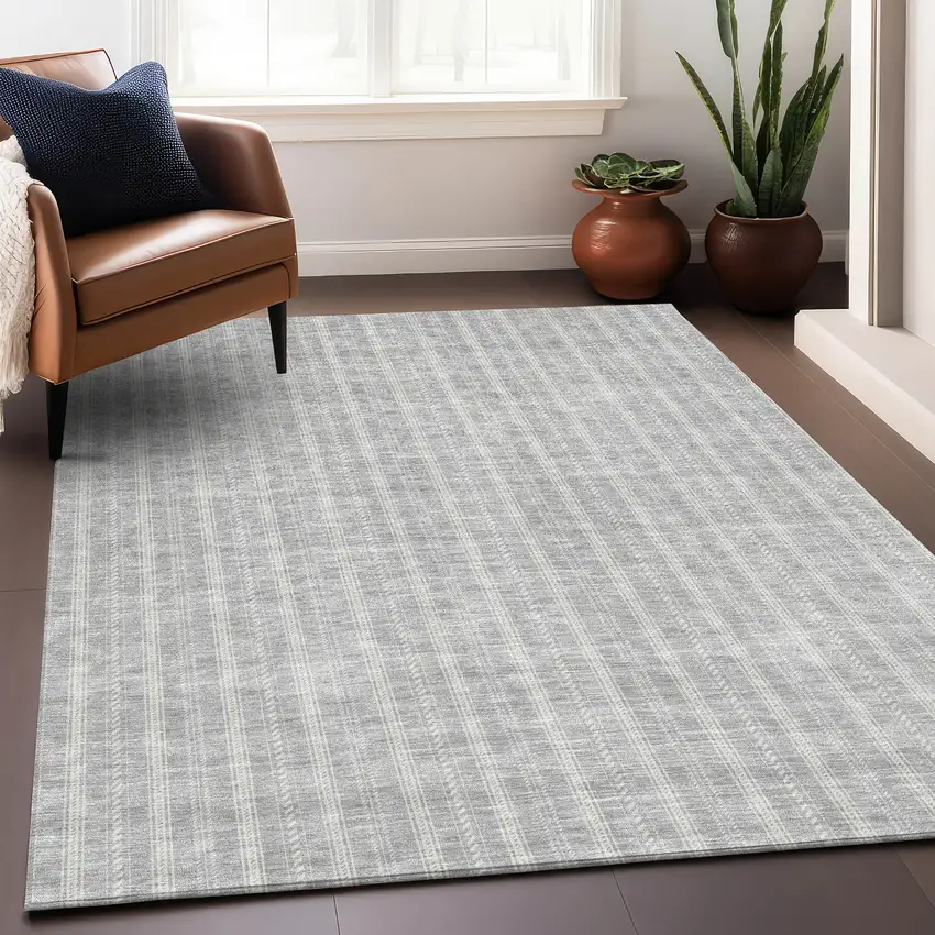 Silver And Ivory Striped Washable Area Rug With UV Protection Photo 5