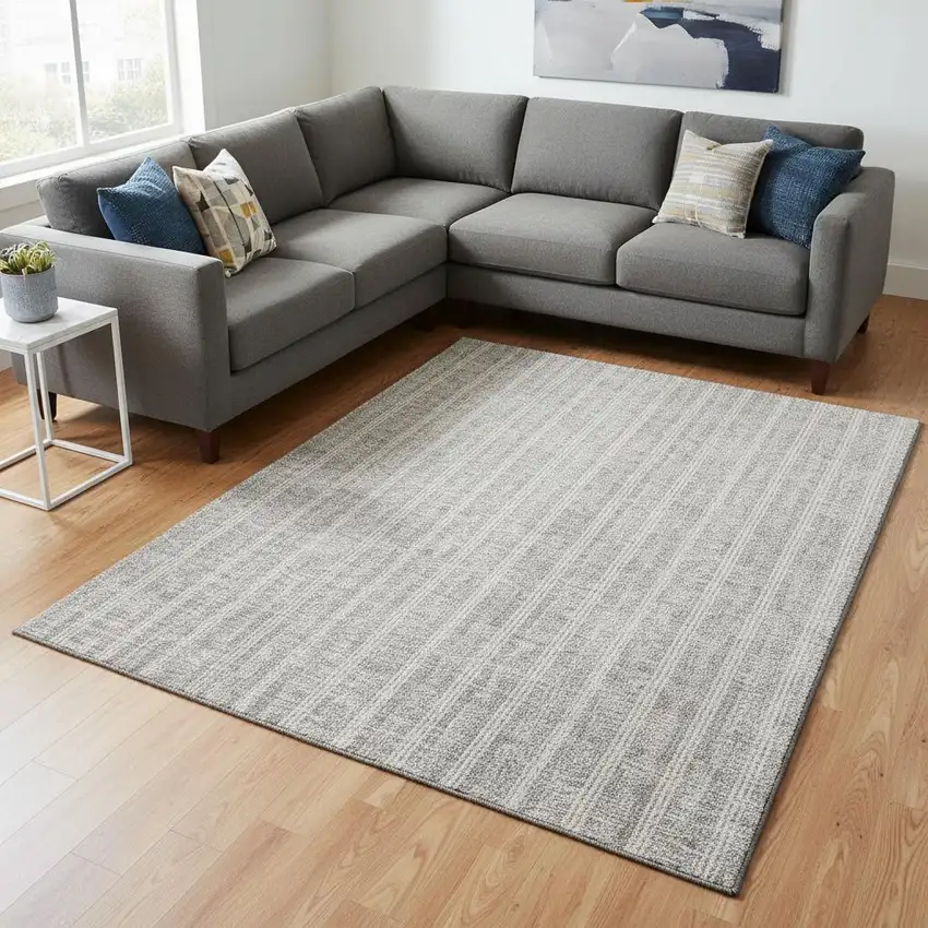 Silver And Ivory Striped Washable Area Rug With UV Protection Photo 2