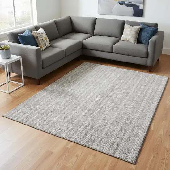 Silver And Ivory Striped Washable Area Rug With UV Protection Photo 2