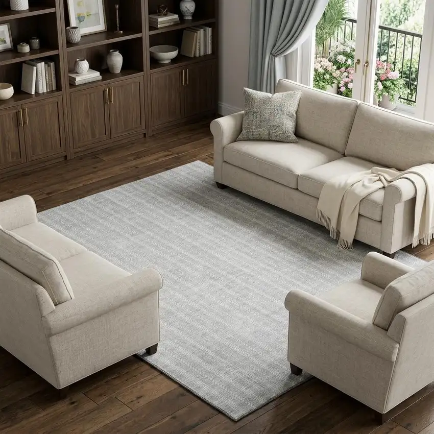 Silver And Ivory Striped Washable Area Rug With UV Protection Photo 1