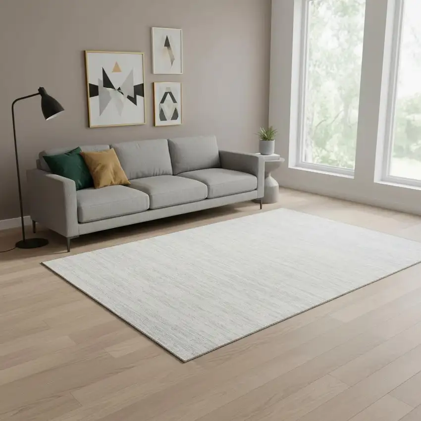 Silver And Ivory Striped Washable Area Rug With UV Protection Photo 2