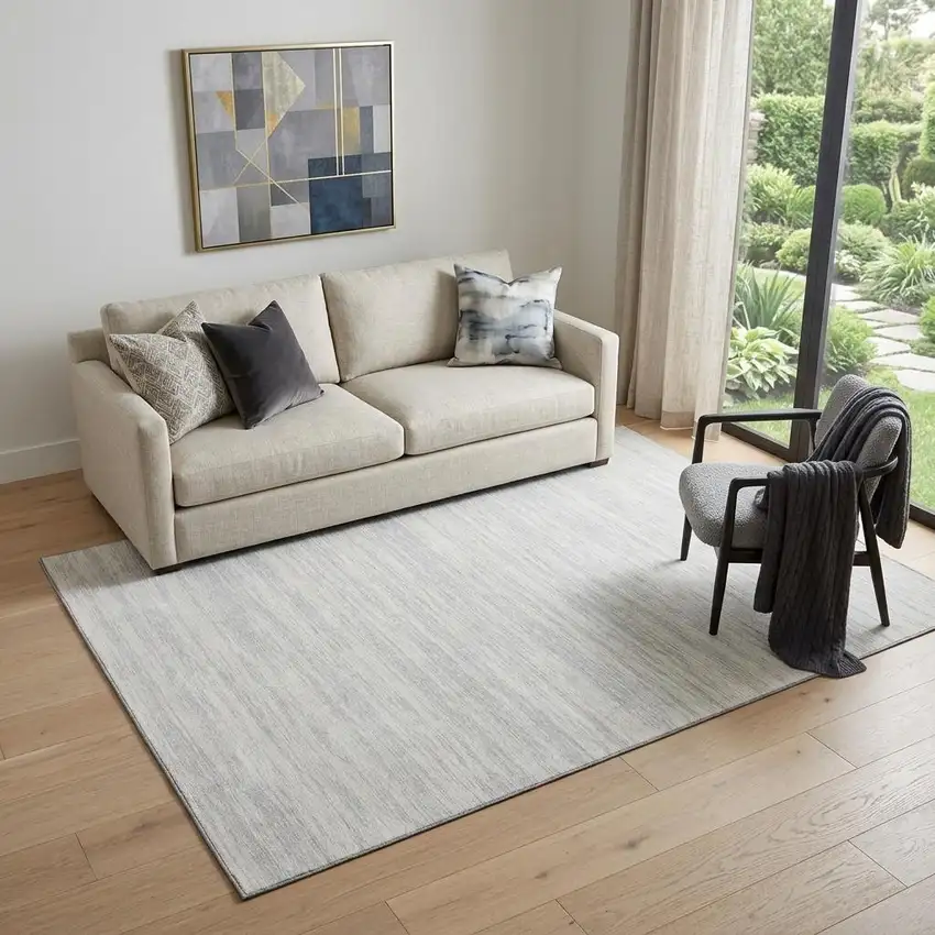Silver And Ivory Striped Washable Area Rug With UV Protection Photo 1