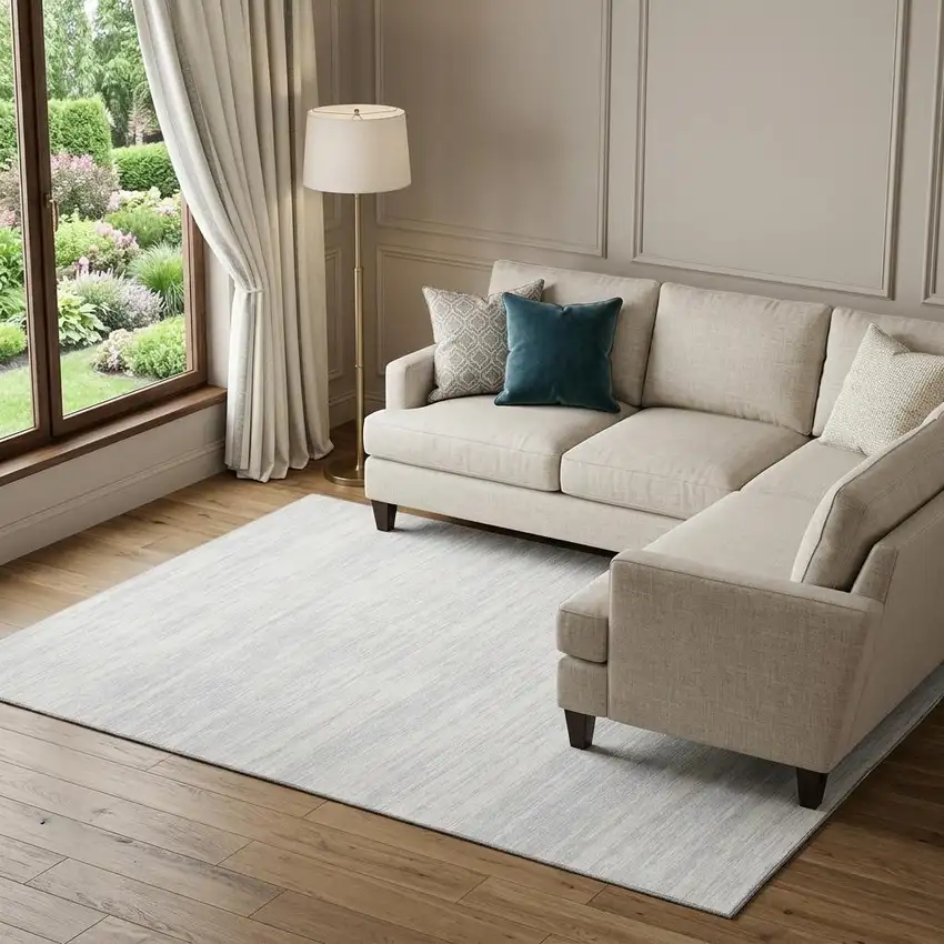 Silver And Ivory Striped Washable Area Rug With UV Protection Photo 1