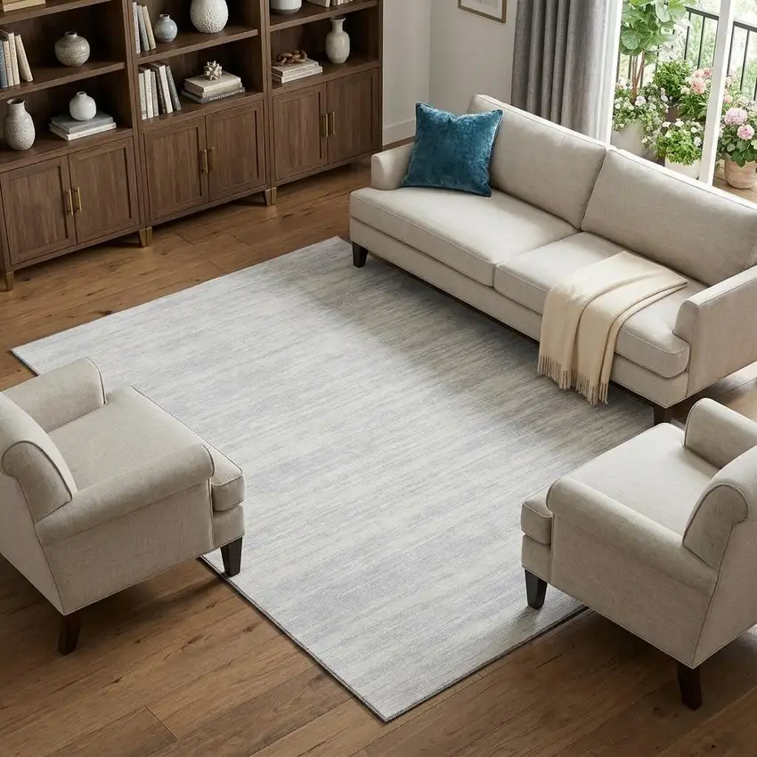 Silver And Ivory Striped Washable Area Rug With UV Protection Photo 1