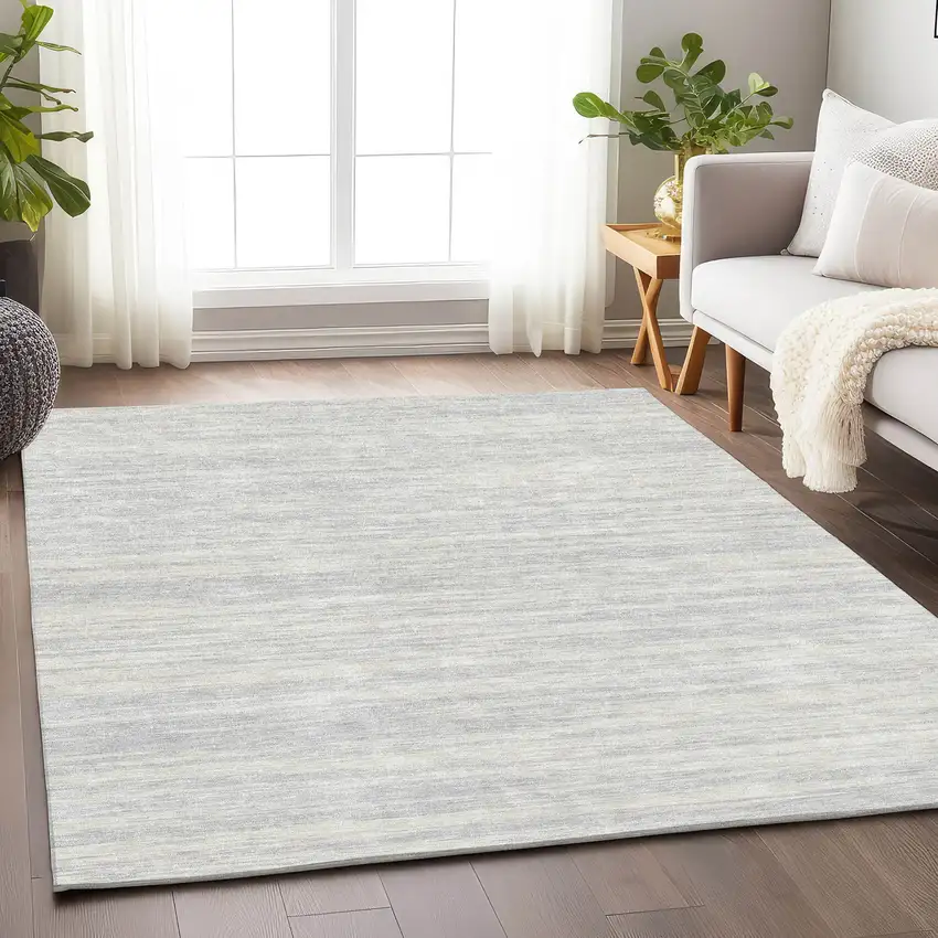 Silver And Ivory Striped Washable Area Rug With UV Protection Photo 3