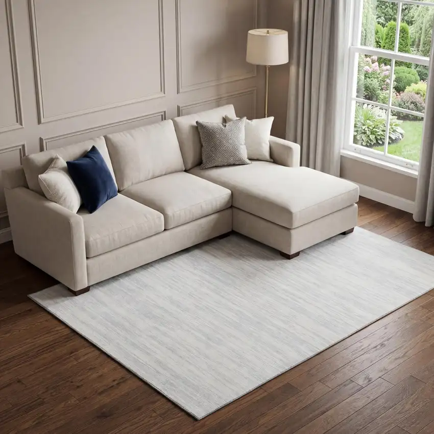 Silver And Ivory Striped Washable Area Rug With UV Protection Photo 1