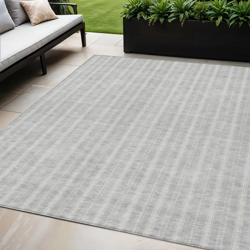 Silver And Ivory Striped Washable Indoor Outdoor Area Rug Photo 1