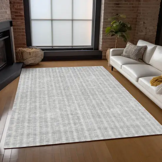 Silver And Ivory Striped Washable Indoor Outdoor Area Rug Photo 9