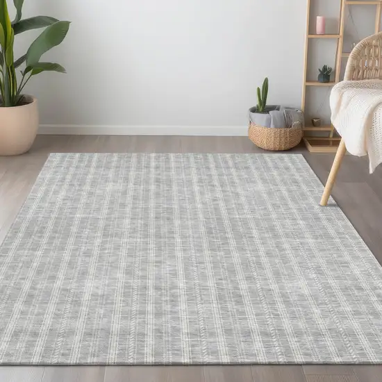 Silver And Ivory Striped Washable Indoor Outdoor Area Rug Photo 8