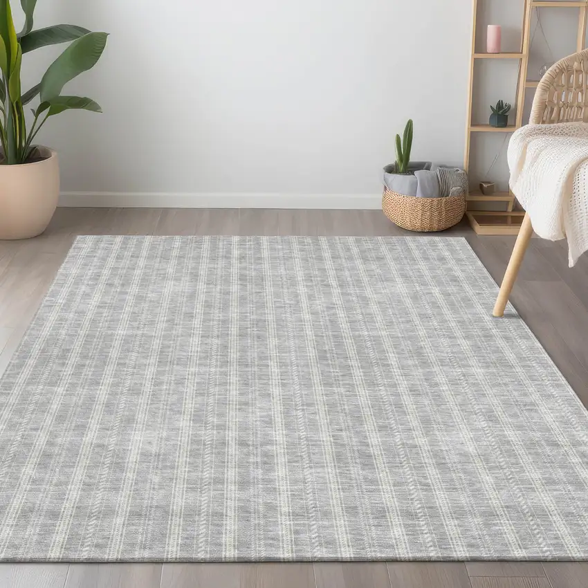 Silver And Ivory Striped Washable Indoor Outdoor Area Rug Photo 8