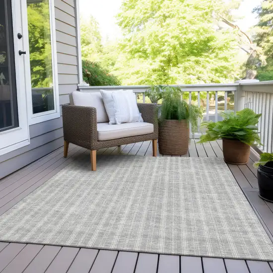 Silver And Ivory Striped Washable Indoor Outdoor Area Rug Photo 7