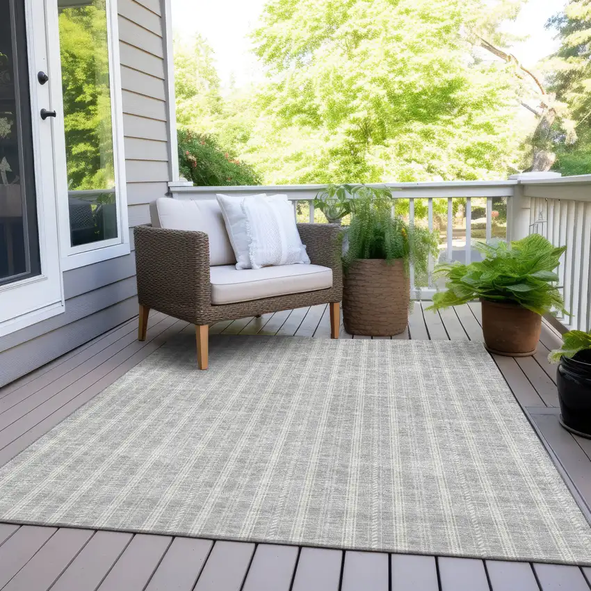 Silver And Ivory Striped Washable Indoor Outdoor Area Rug Photo 7