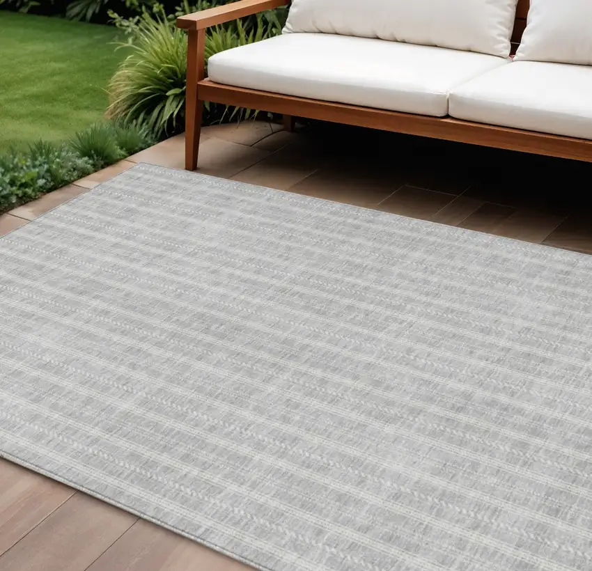 Silver And Ivory Striped Washable Indoor Outdoor Area Rug Photo 1