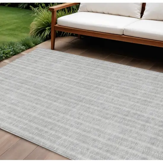 Silver And Ivory Striped Washable Indoor Outdoor Area Rug Photo 1