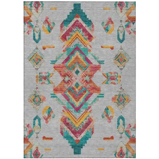 Silver And Ivory Tribal Washable Indoor Outdoor Area Rug Photo 2