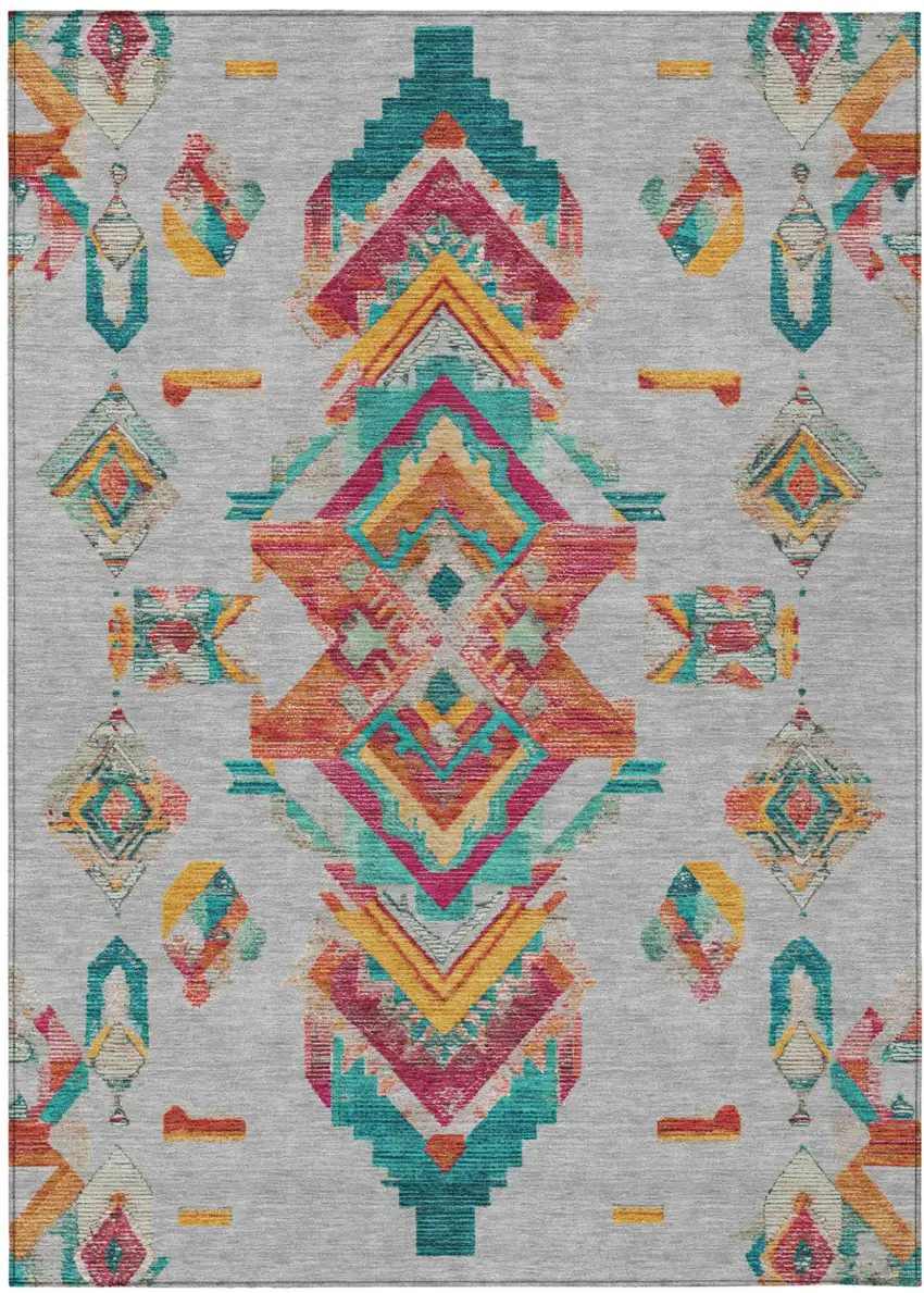 Silver And Ivory Tribal Washable Indoor Outdoor Area Rug Photo 2