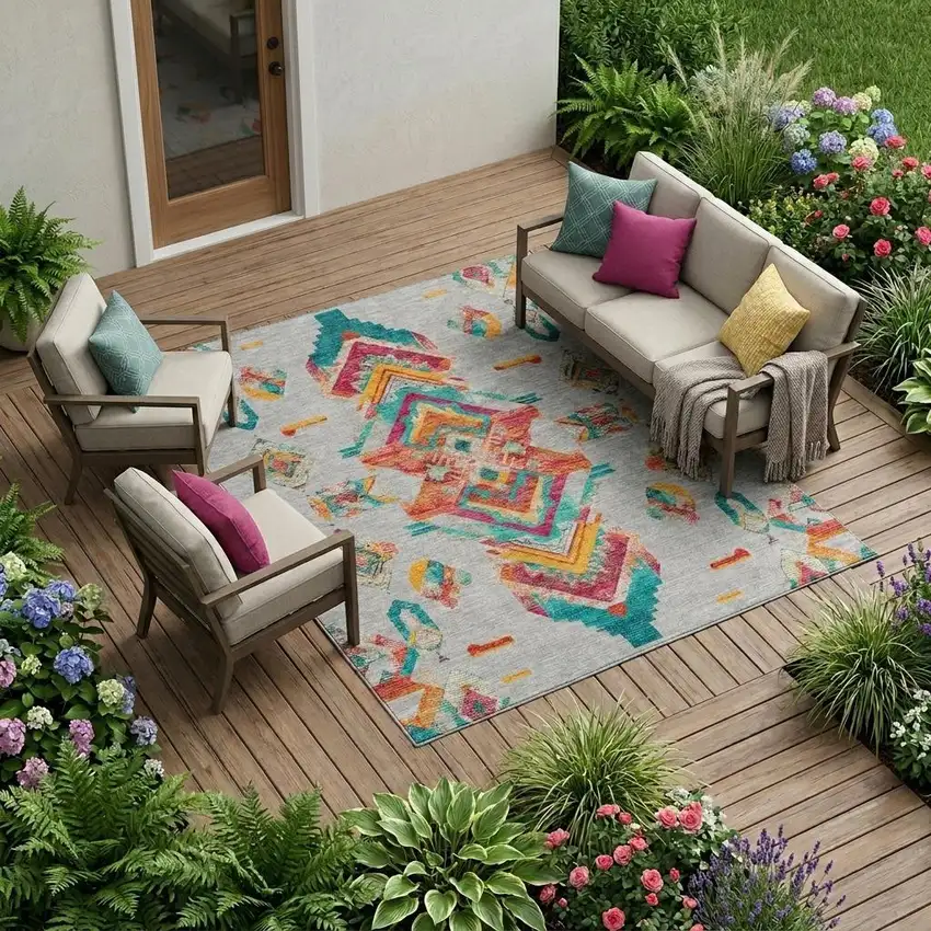 Silver And Ivory Tribal Washable Indoor Outdoor Area Rug Photo 1