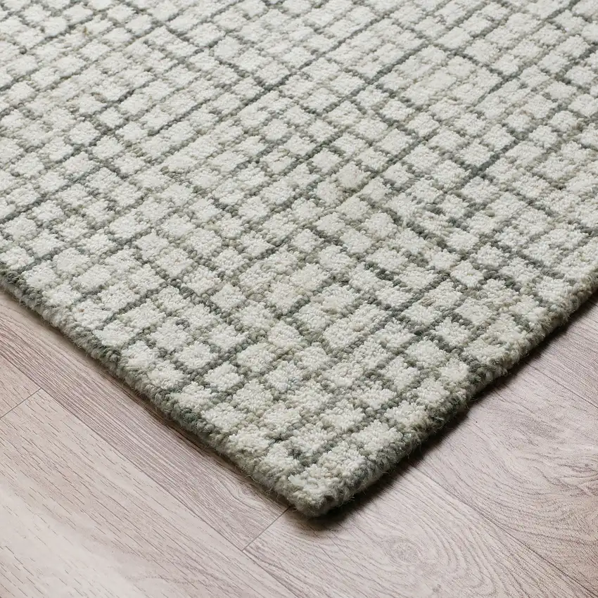 Silver And Ivory Wool Checkered Hand Tufted Square Rug Photo 9