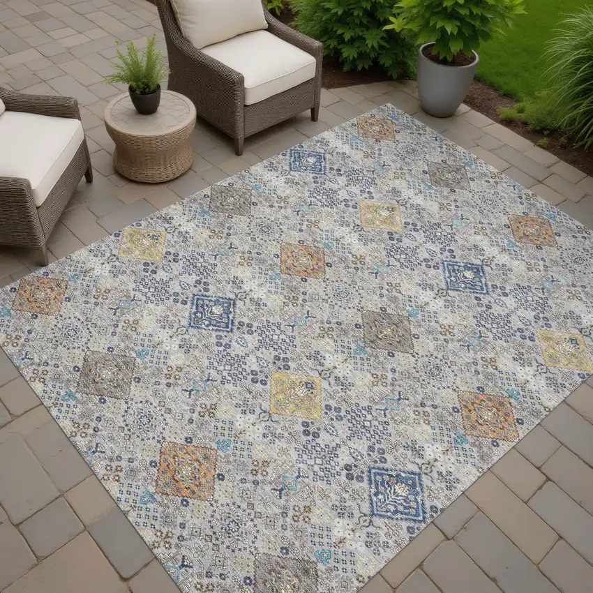 Silver And Navy Blue Oriental Washable Indoor Outdoor Area Rug Photo 7