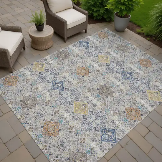 Silver And Navy Blue Oriental Washable Indoor Outdoor Area Rug Photo 7