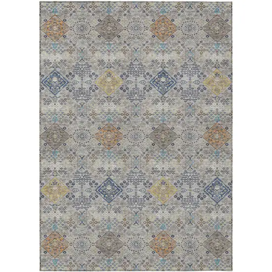 Silver And Navy Blue Oriental Washable Indoor Outdoor Area Rug Photo 1