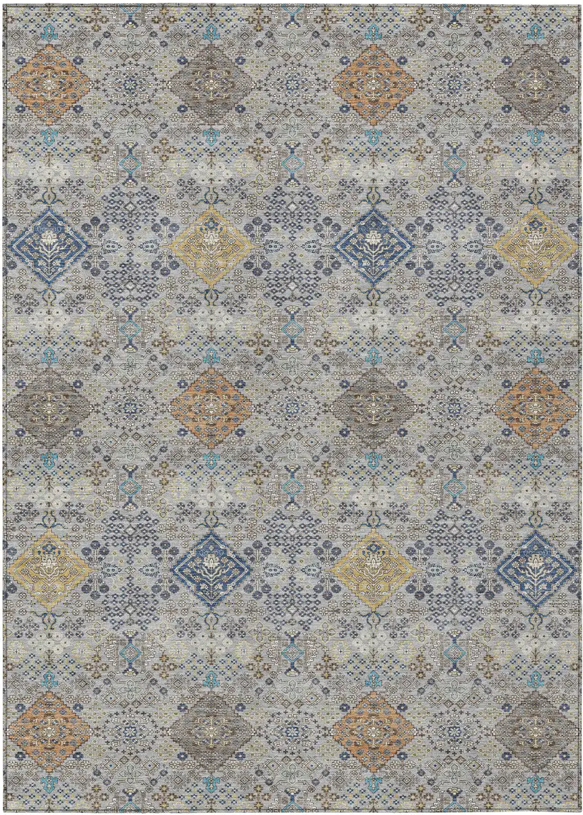 Silver And Navy Blue Oriental Washable Indoor Outdoor Area Rug Photo 1