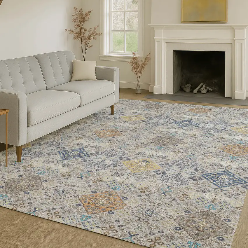 Silver And Navy Blue Oriental Washable Indoor Outdoor Area Rug Photo 6