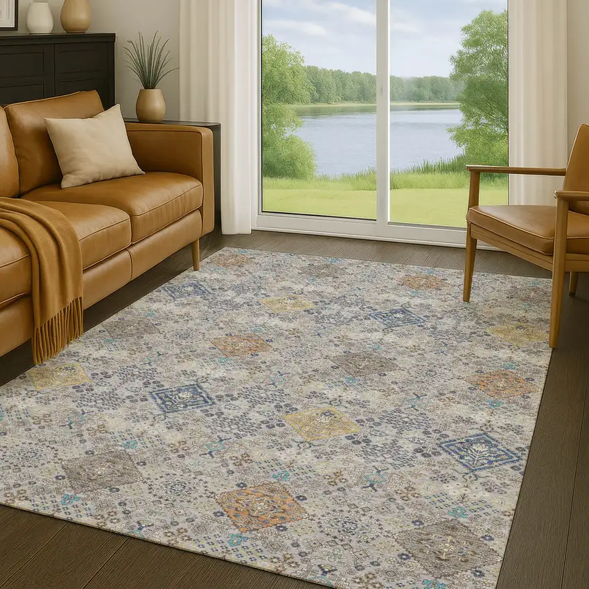 Silver And Navy Blue Oriental Washable Indoor Outdoor Area Rug Photo 5