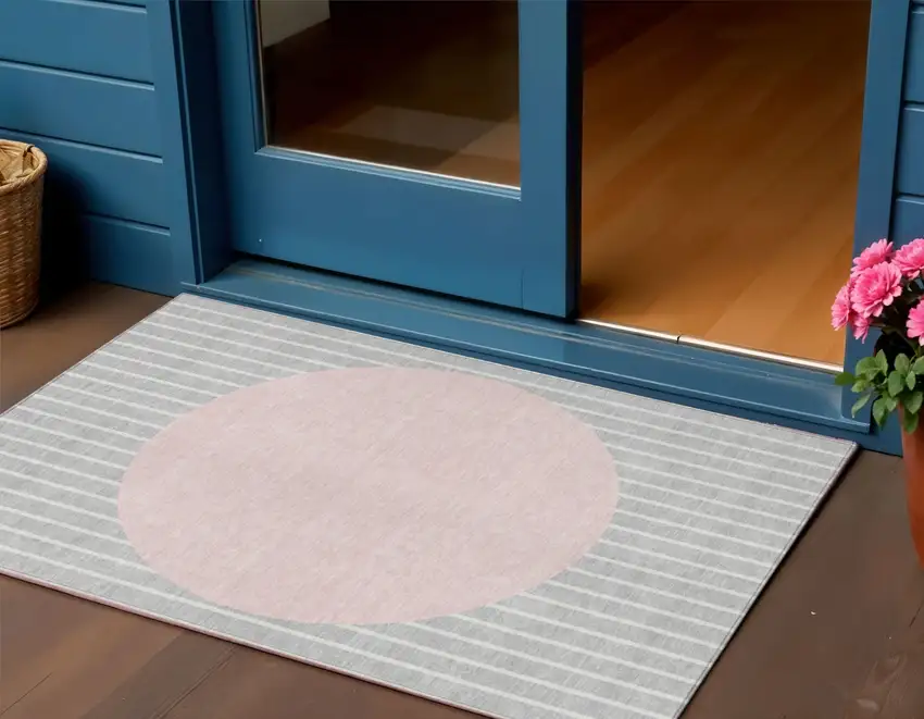 Silver And Pink Striped Washable Indoor Outdoor Area Rug Photo 1